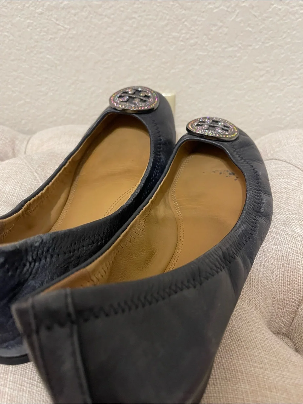 Tory Burch Navy Leather Logo Ballet Flats with Sparkle Medallions
